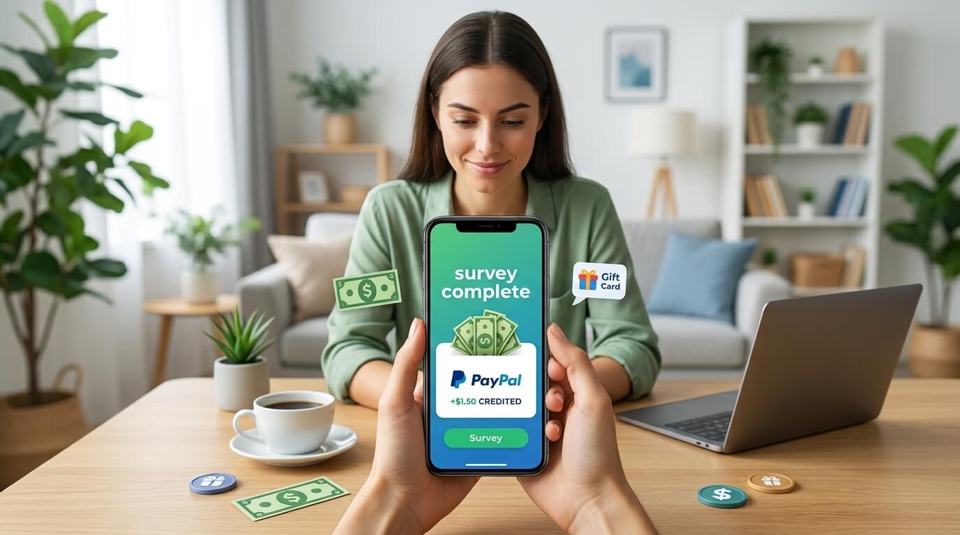 Woman looking at smartphone showing a paid surveys completion payout notification next to a laptop